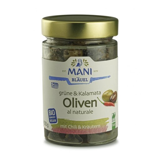 Grüne & Kalamata Oliven al natur. Chili & Kräutern, 205g