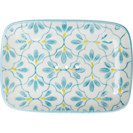 Seifenschale FLORAL weiß/türkis/gelb aus Steingut, Stück